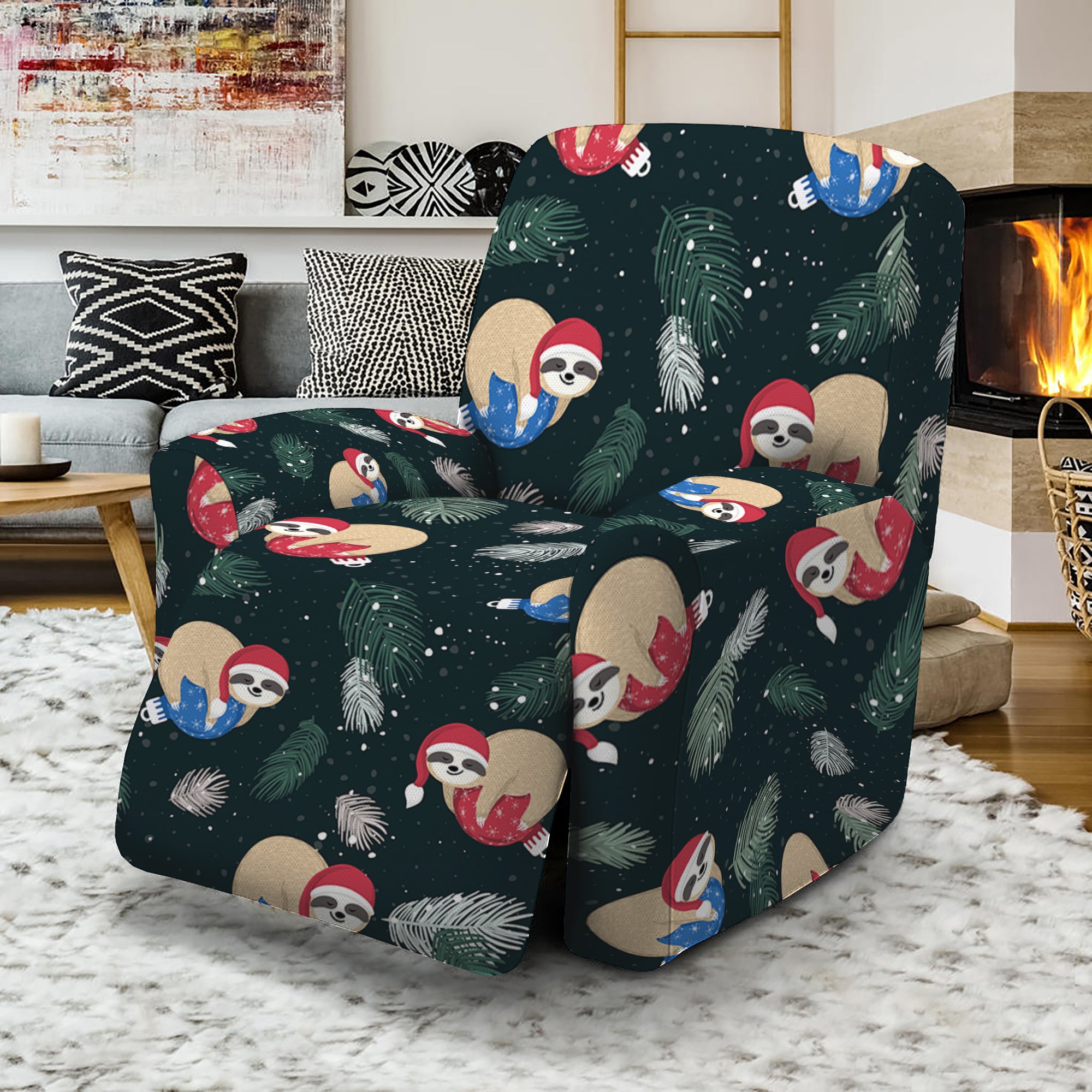 Christmas Sleeping Sloths Pattern Print Recliner Slipcover