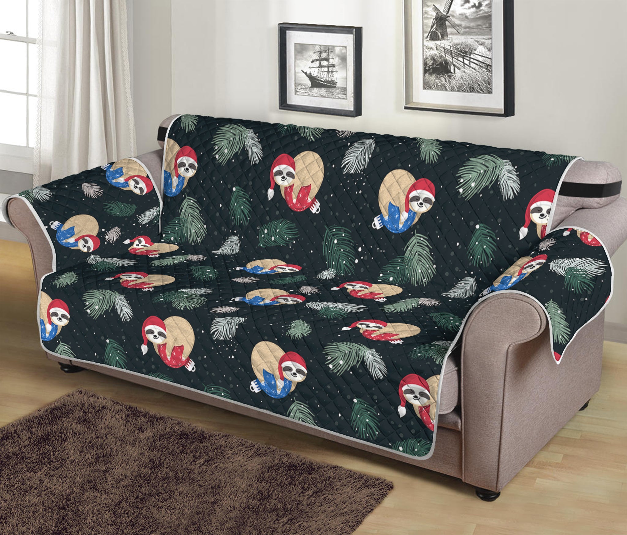 Christmas Sleeping Sloths Pattern Print Sofa Protector