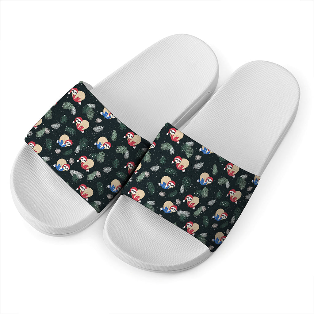 Christmas Sleeping Sloths Pattern Print White Slide Sandals