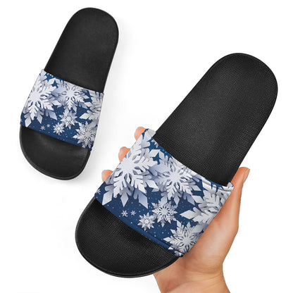 Christmas Snowflake Print Black Slide Sandals