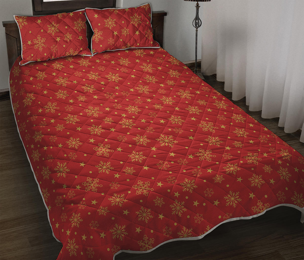 Christmas Snowflakes And Stars Print Quilt Bed Set