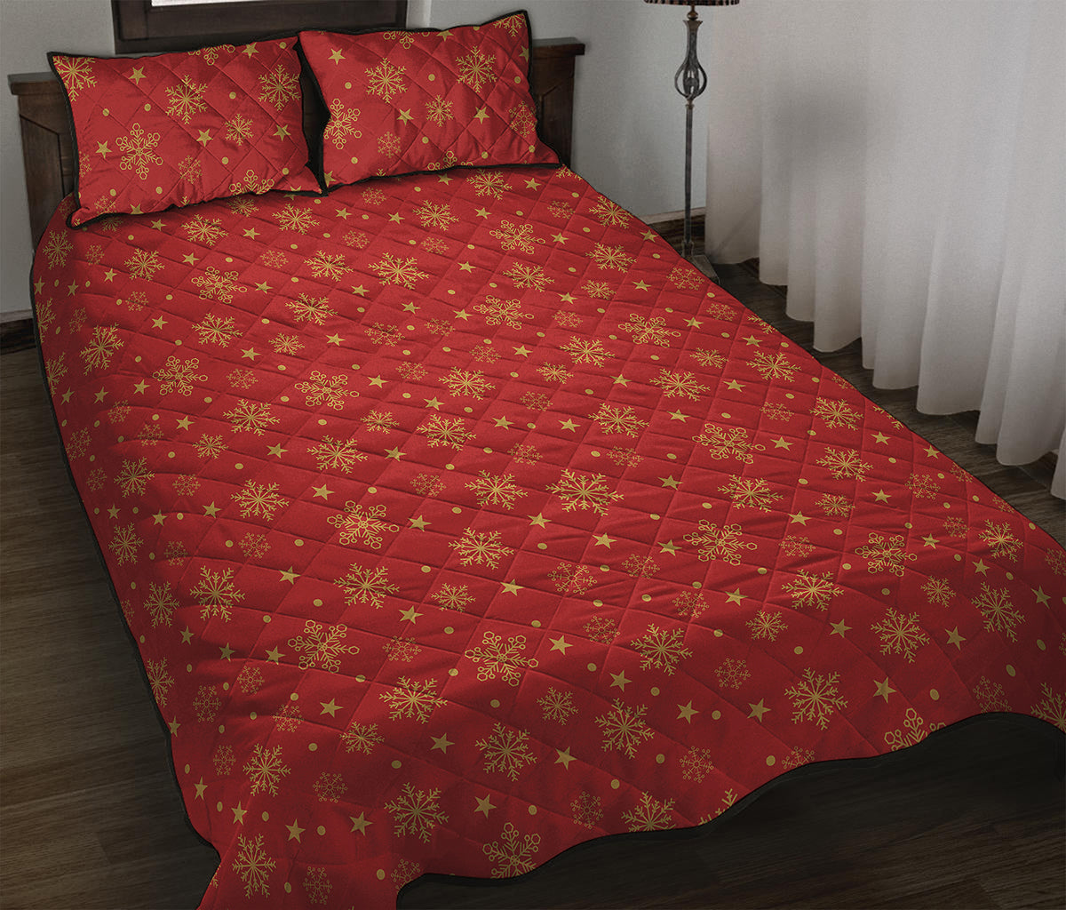 Christmas Snowflakes And Stars Print Quilt Bed Set