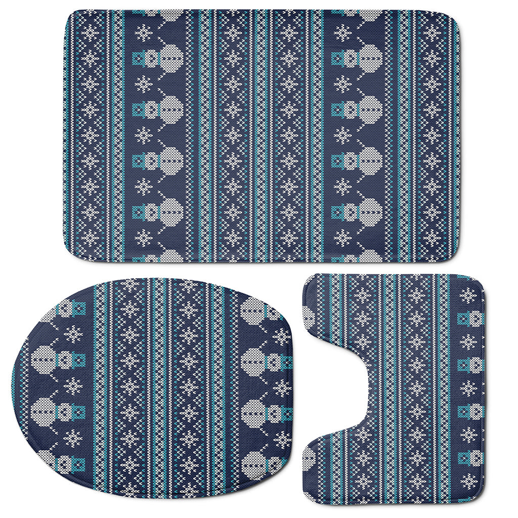 Christmas Snowman Knitted Pattern Print 3 Piece Bath Mat Set