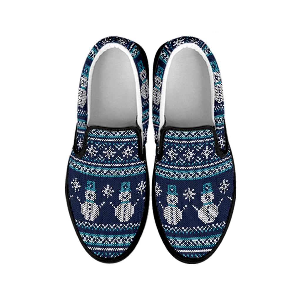 Christmas Snowman Knitted Pattern Print Black Slip On Shoes