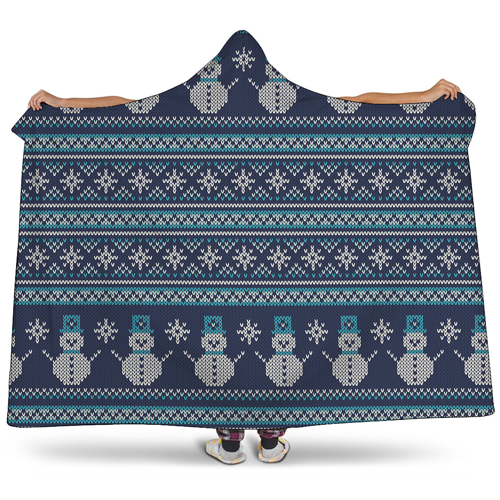 Christmas Snowman Knitted Pattern Print Hooded Blanket