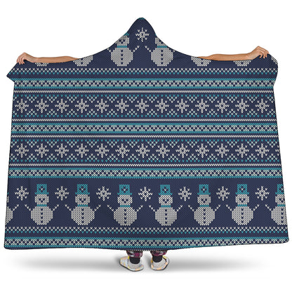 Christmas Snowman Knitted Pattern Print Hooded Blanket