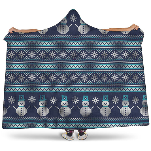 Christmas Snowman Knitted Pattern Print Hooded Blanket