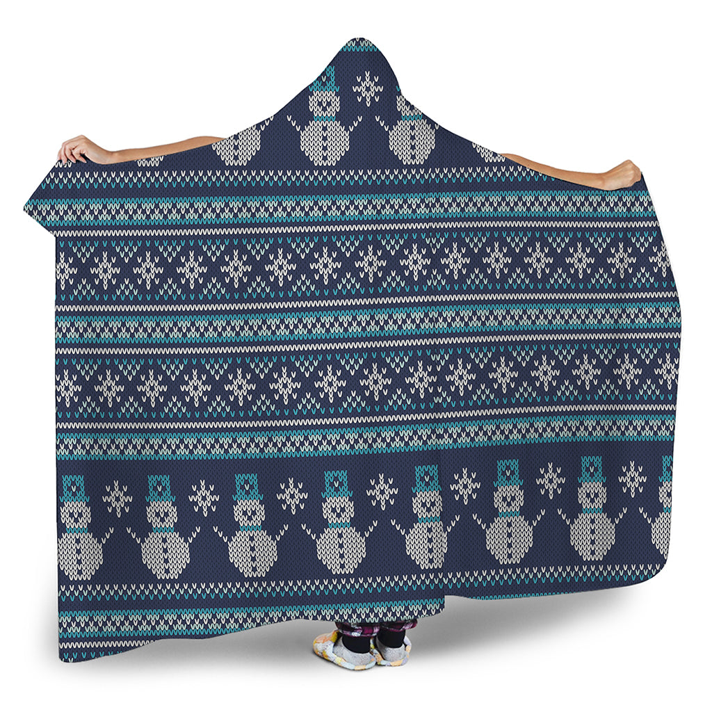 Christmas Snowman Knitted Pattern Print Hooded Blanket