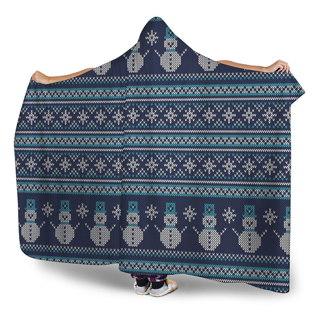 Christmas Snowman Knitted Pattern Print Hooded Blanket