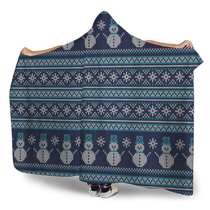 Christmas Snowman Knitted Pattern Print Hooded Blanket