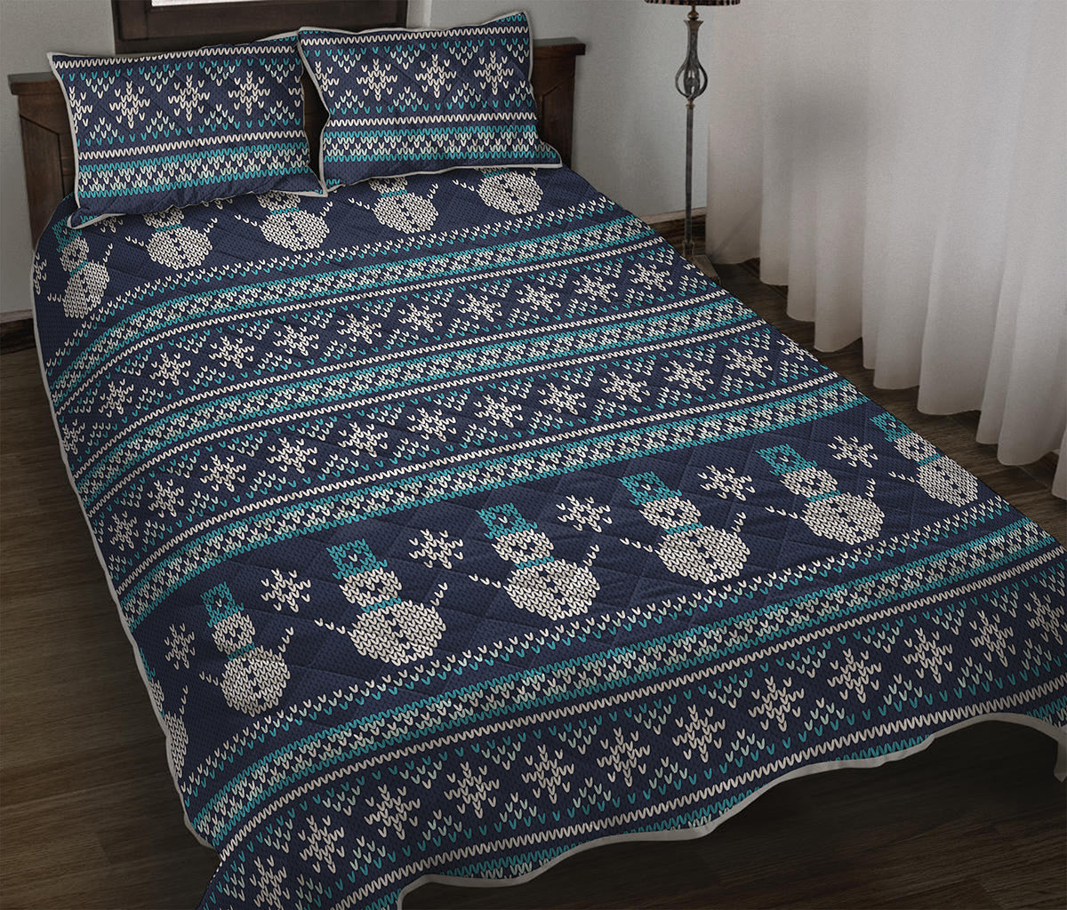Christmas Snowman Knitted Pattern Print Quilt Bed Set