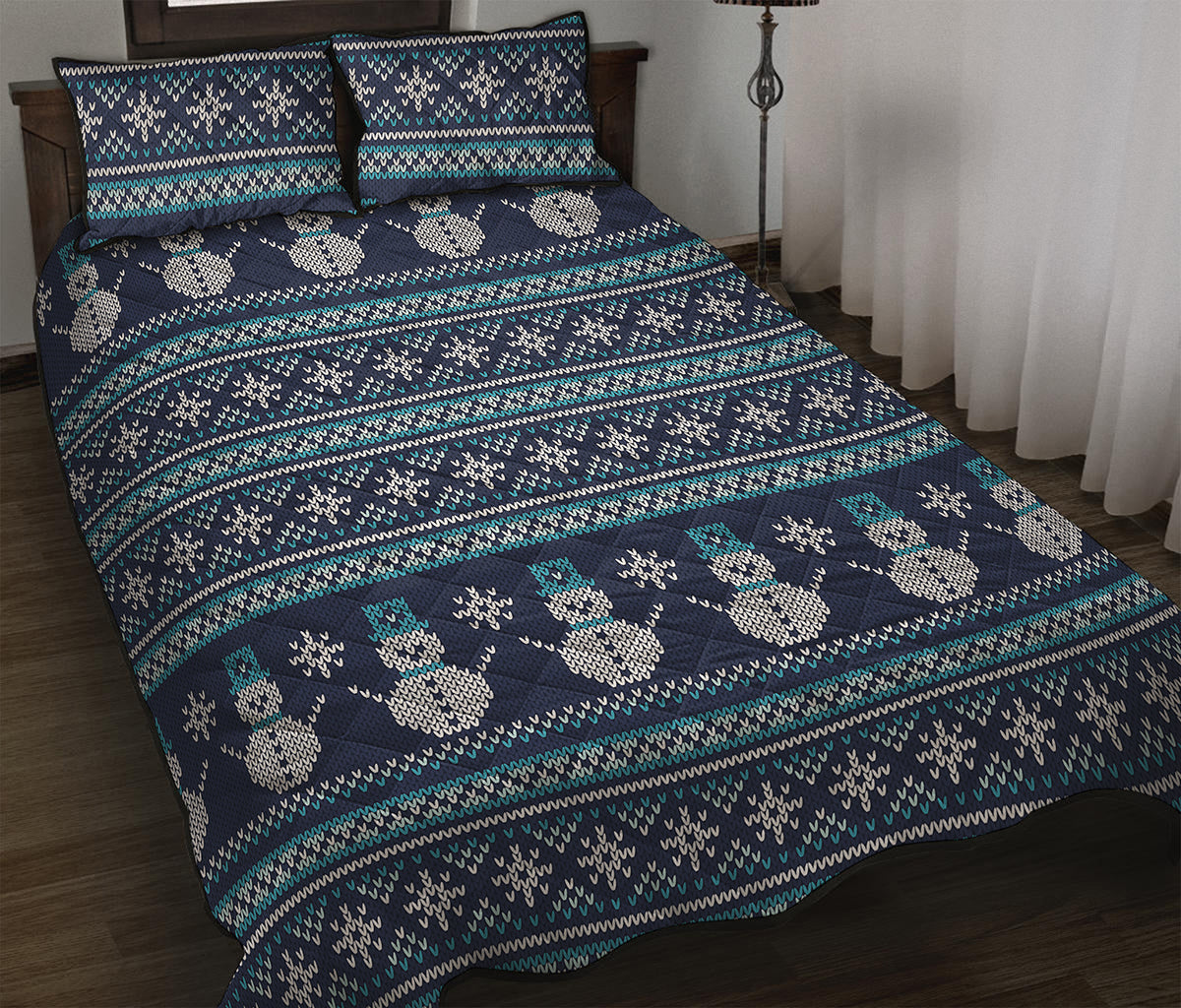 Christmas Snowman Knitted Pattern Print Quilt Bed Set
