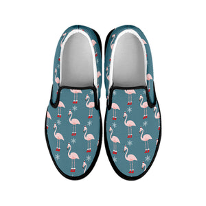 Christmas Snowy Flamingo Pattern Print Black Slip On Shoes