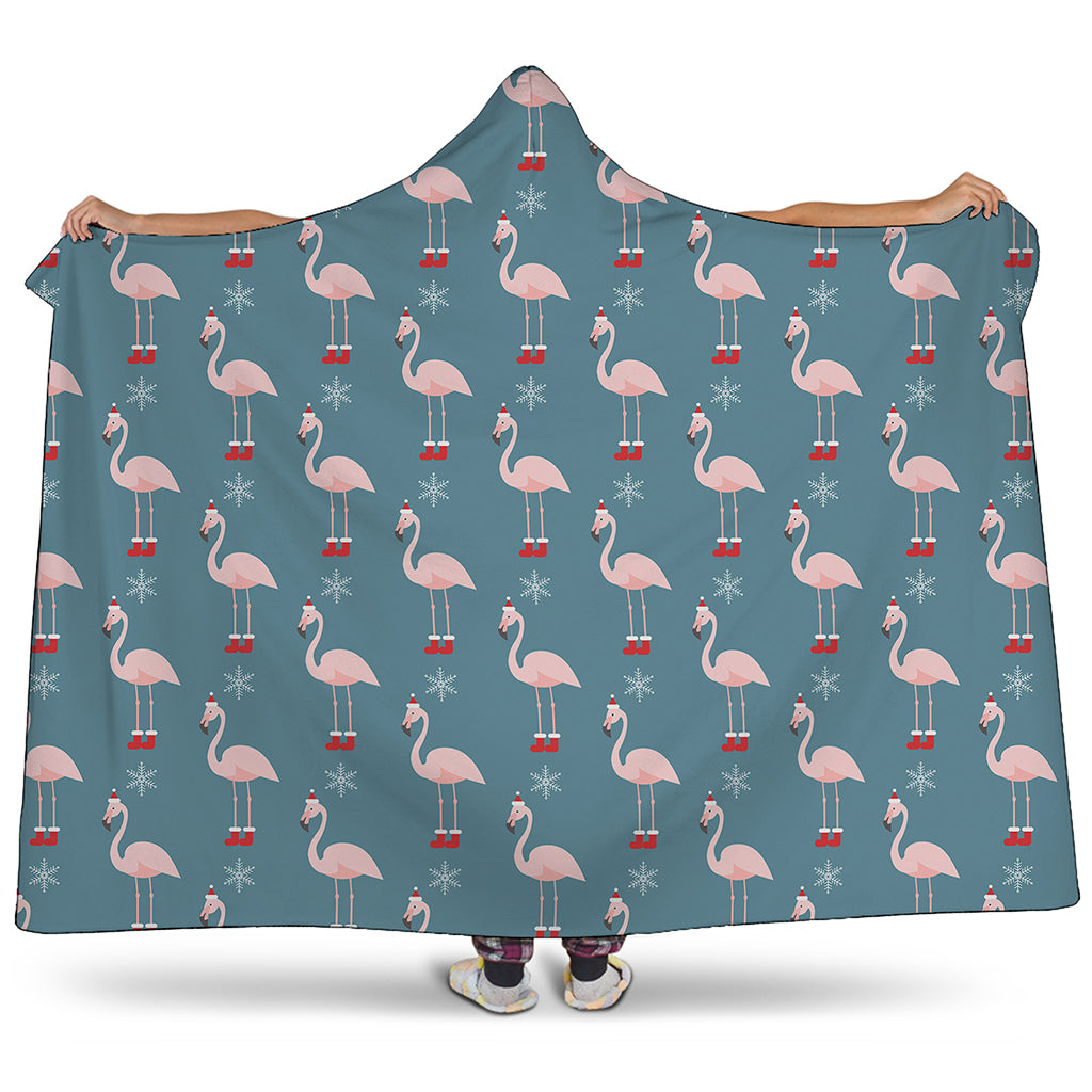 Christmas Snowy Flamingo Pattern Print Hooded Blanket