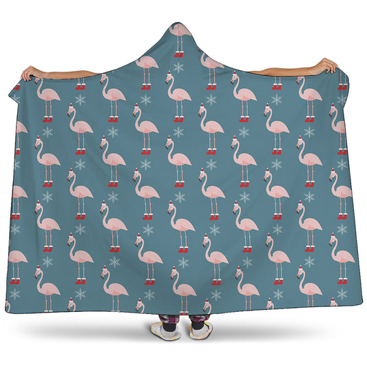 Christmas Snowy Flamingo Pattern Print Hooded Blanket