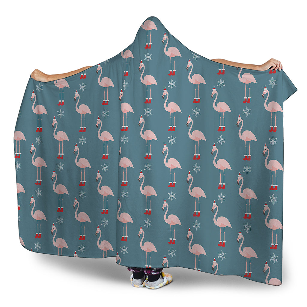 Christmas Snowy Flamingo Pattern Print Hooded Blanket