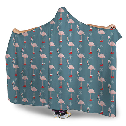 Christmas Snowy Flamingo Pattern Print Hooded Blanket