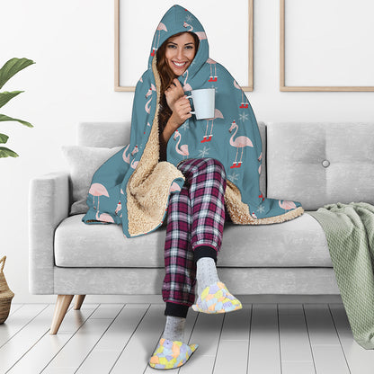Christmas Snowy Flamingo Pattern Print Hooded Blanket