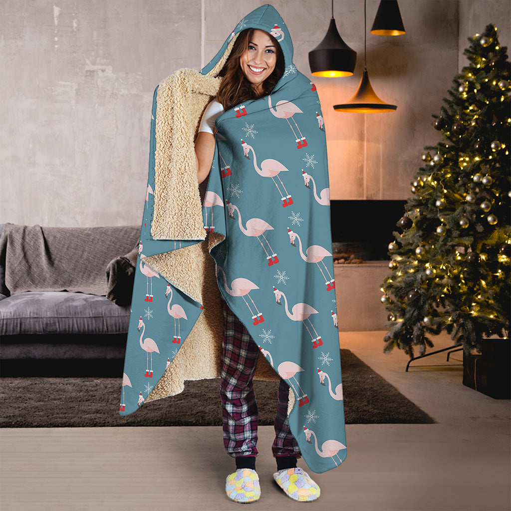 Christmas Snowy Flamingo Pattern Print Hooded Blanket