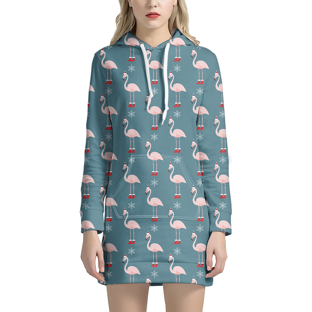 Christmas Snowy Flamingo Pattern Print Hoodie Dress