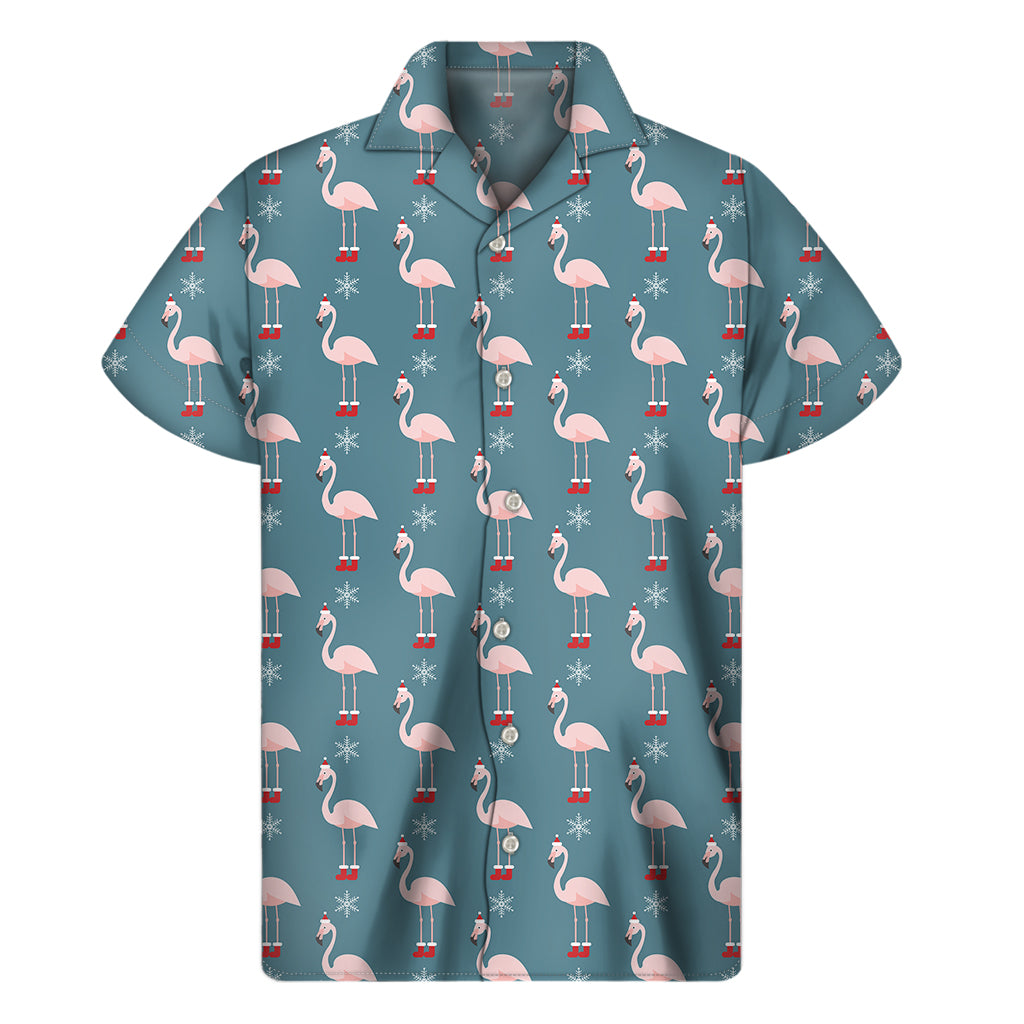 Christmas Snowy Flamingo Pattern Print Men's Short Sleeve Shirt