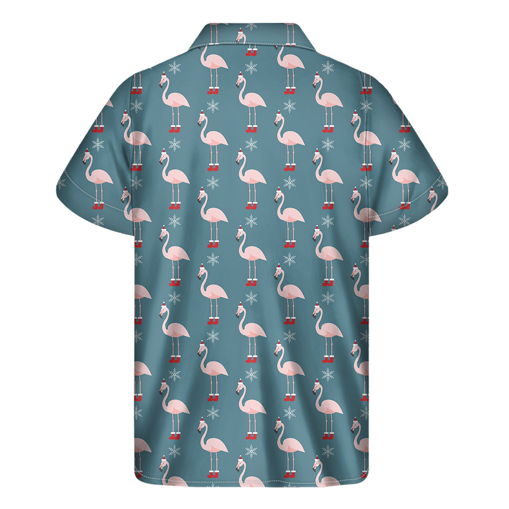 Christmas Snowy Flamingo Pattern Print Men's Short Sleeve Shirt