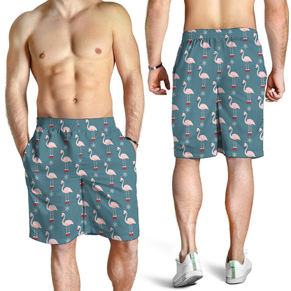 Christmas Snowy Flamingo Pattern Print Men's Shorts
