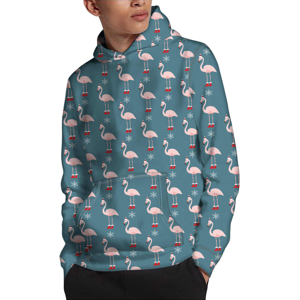 Christmas Snowy Flamingo Pattern Print Pullover Hoodie