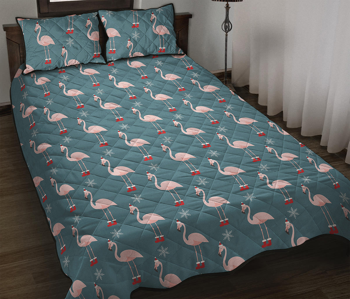 Christmas Snowy Flamingo Pattern Print Quilt Bed Set