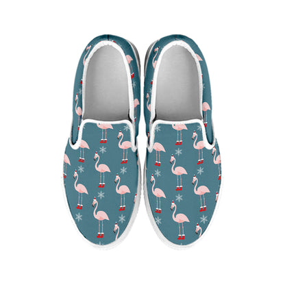 Christmas Snowy Flamingo Pattern Print White Slip On Shoes