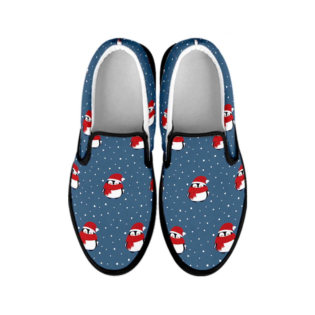 Christmas Snowy Penguin Pattern Print Black Slip On Shoes