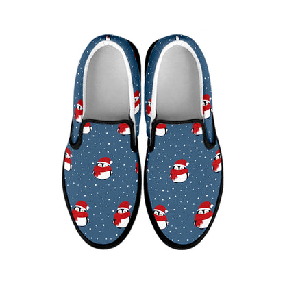 Christmas Snowy Penguin Pattern Print Black Slip On Shoes