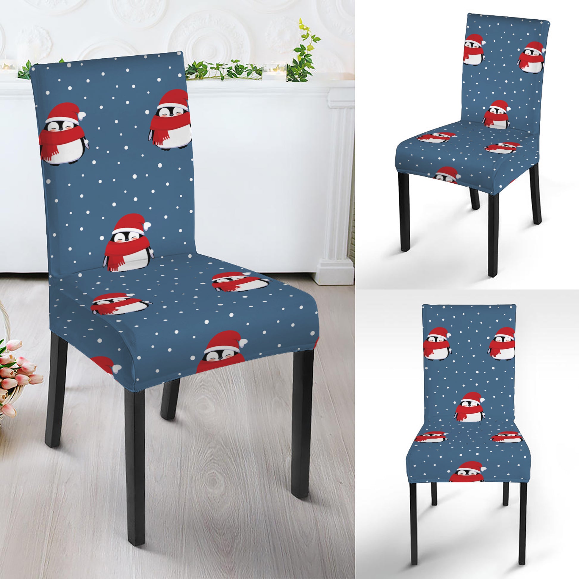 Christmas Snowy Penguin Pattern Print Dining Chair Slipcover