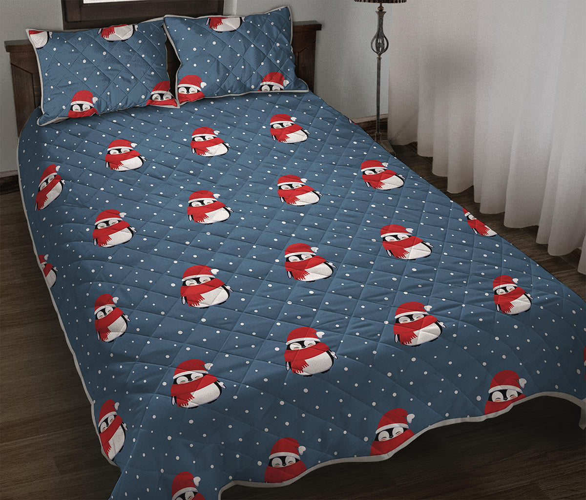 Christmas Snowy Penguin Pattern Print Quilt Bed Set