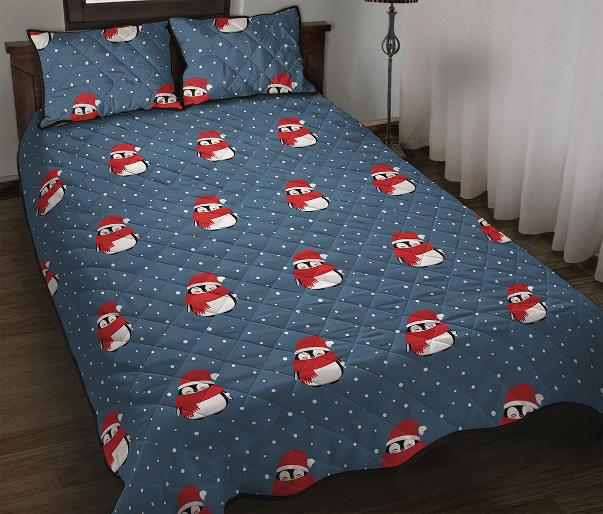 Christmas Snowy Penguin Pattern Print Quilt Bed Set
