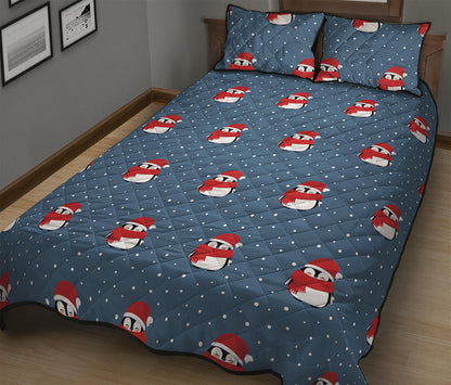 Christmas Snowy Penguin Pattern Print Quilt Bed Set
