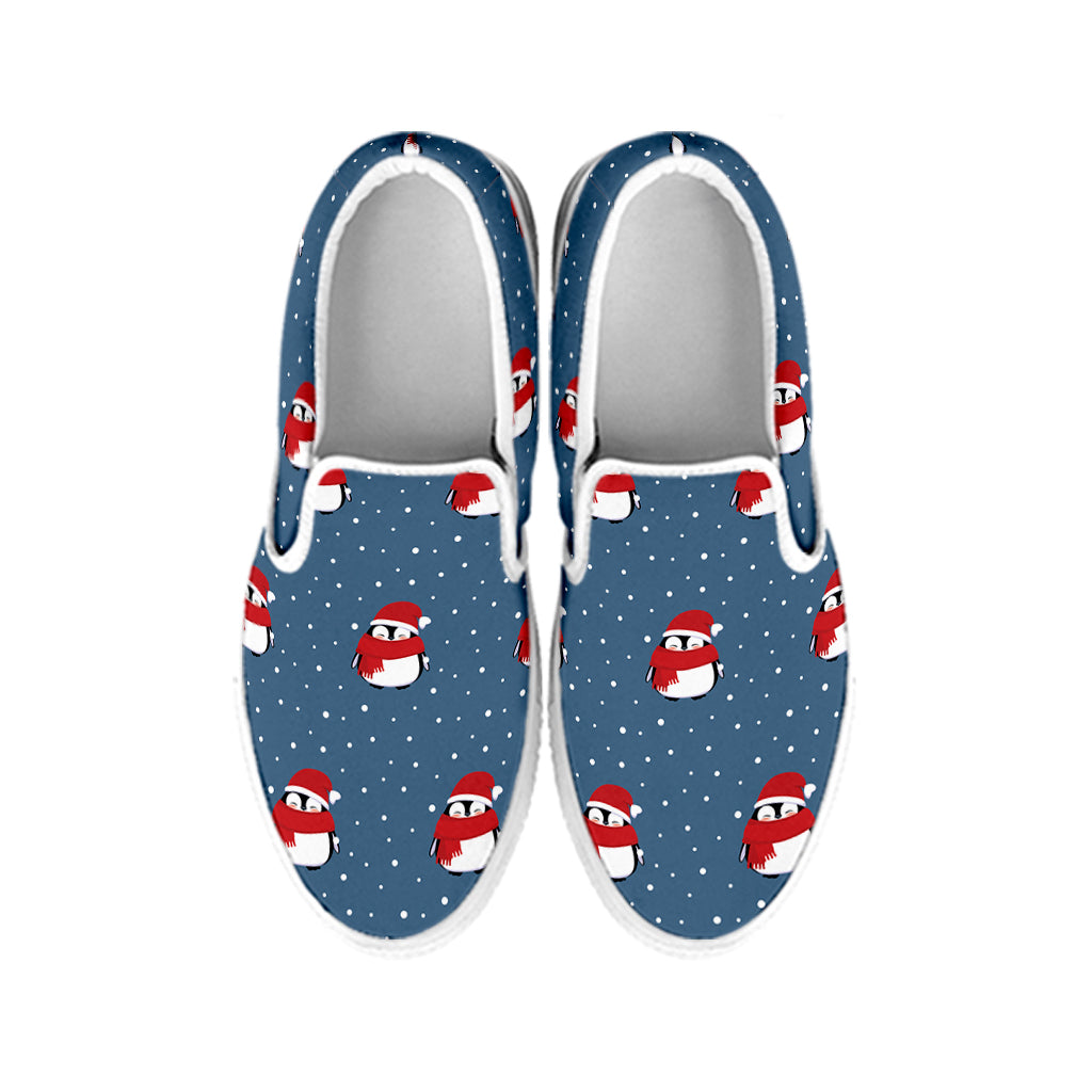 Christmas Snowy Penguin Pattern Print White Slip On Shoes