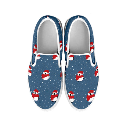 Christmas Snowy Penguin Pattern Print White Slip On Shoes