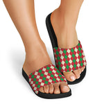 Christmas Themed Argyle Pattern Print Black Slide Sandals