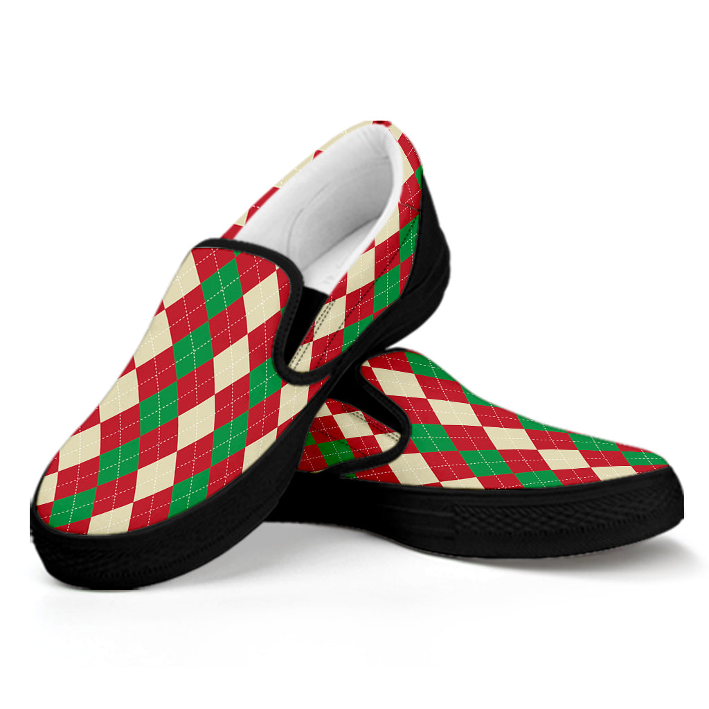 Christmas Themed Argyle Pattern Print Black Slip On Shoes