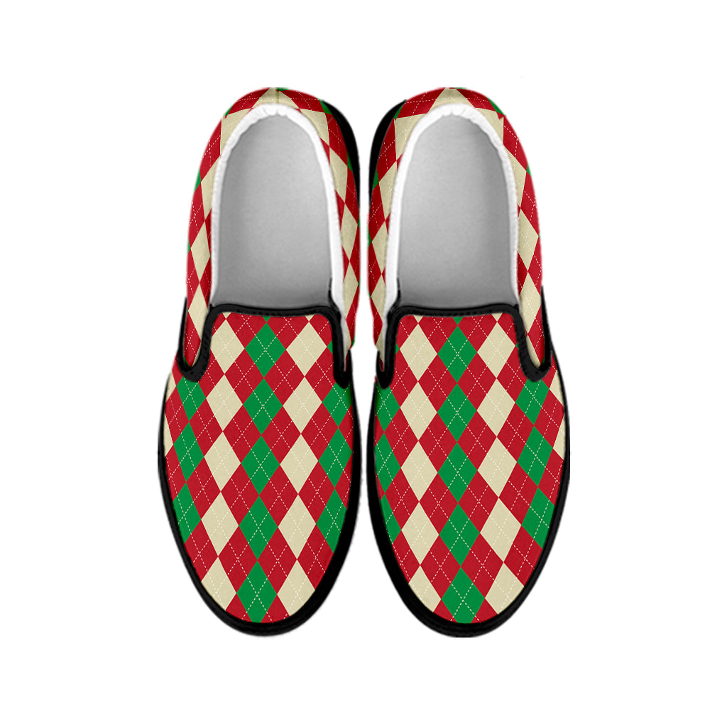 Christmas Themed Argyle Pattern Print Black Slip On Shoes