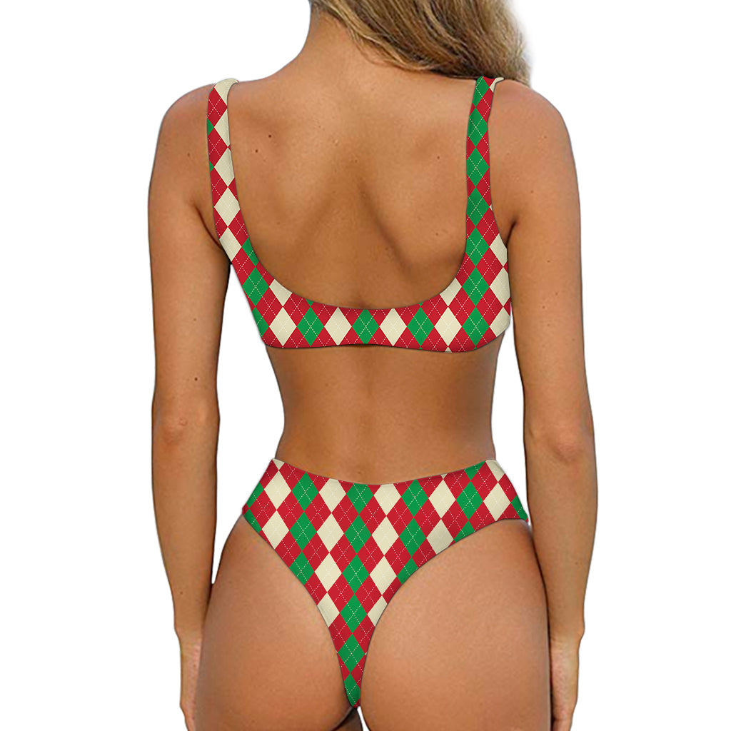 Christmas Themed Argyle Pattern Print Front Bow Tie Bikini
