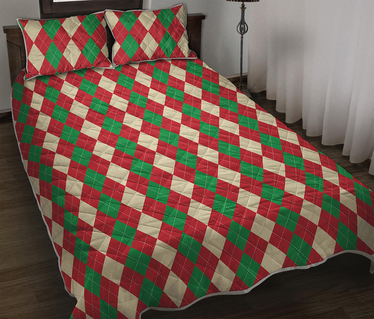 Christmas Themed Argyle Pattern Print Quilt Bed Set