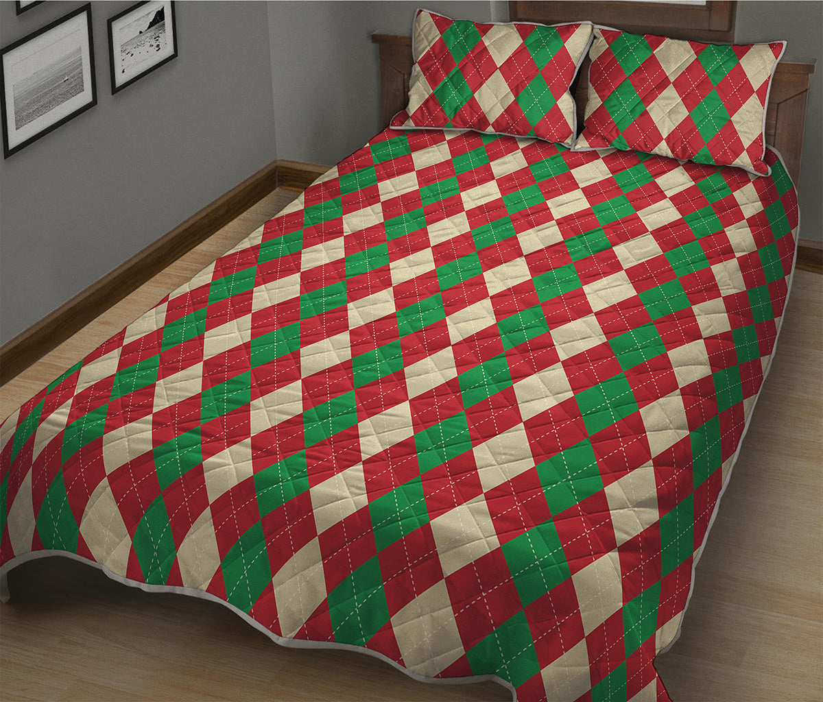 Christmas Themed Argyle Pattern Print Quilt Bed Set