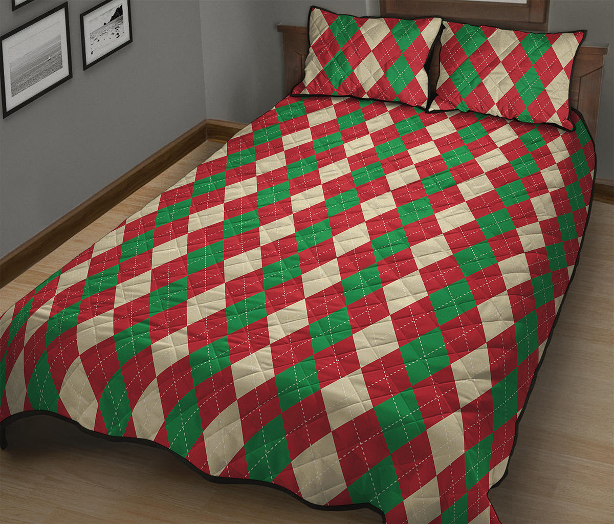 Christmas Themed Argyle Pattern Print Quilt Bed Set