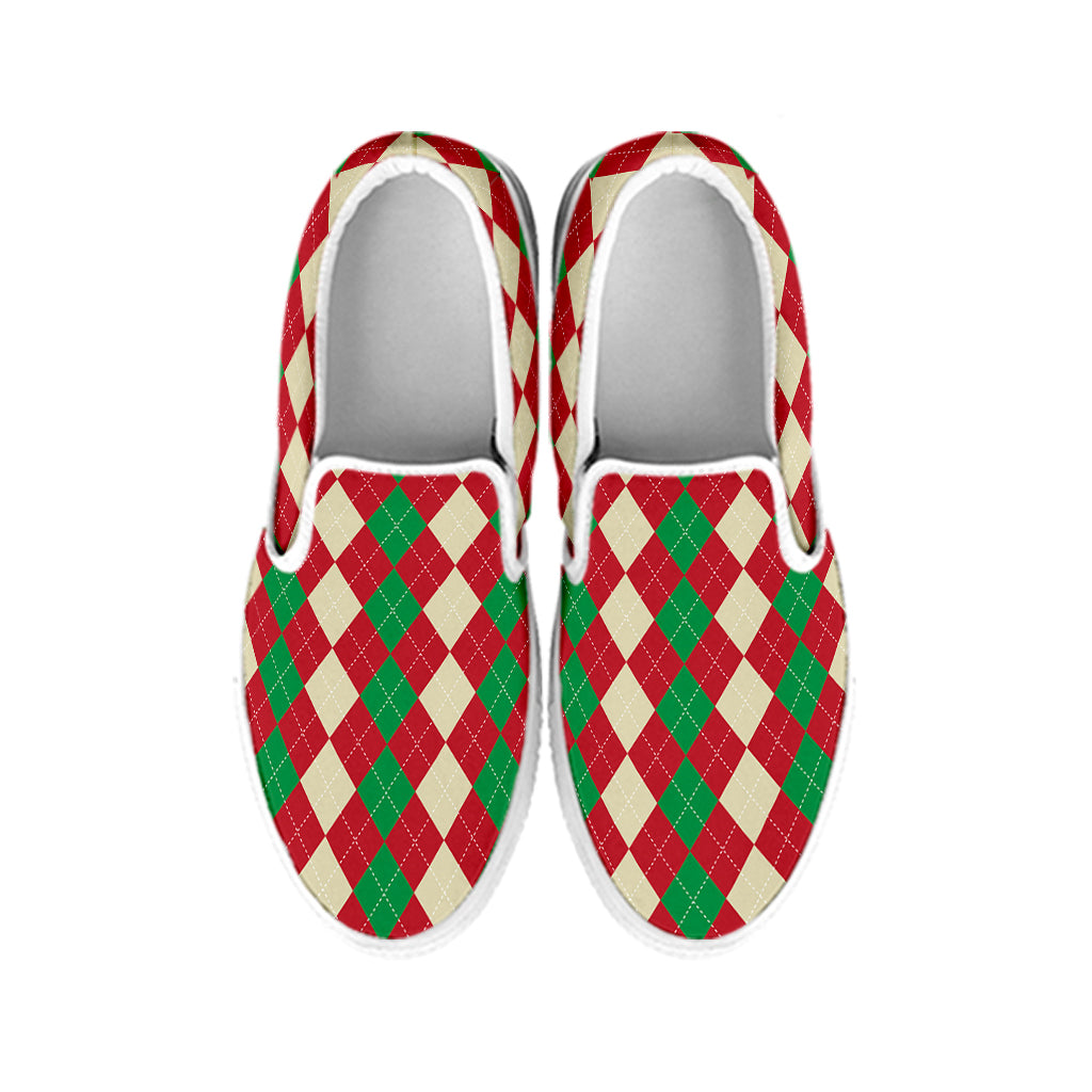 Christmas Themed Argyle Pattern Print White Slip On Shoes
