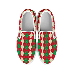 Christmas Themed Argyle Pattern Print White Slip On Shoes