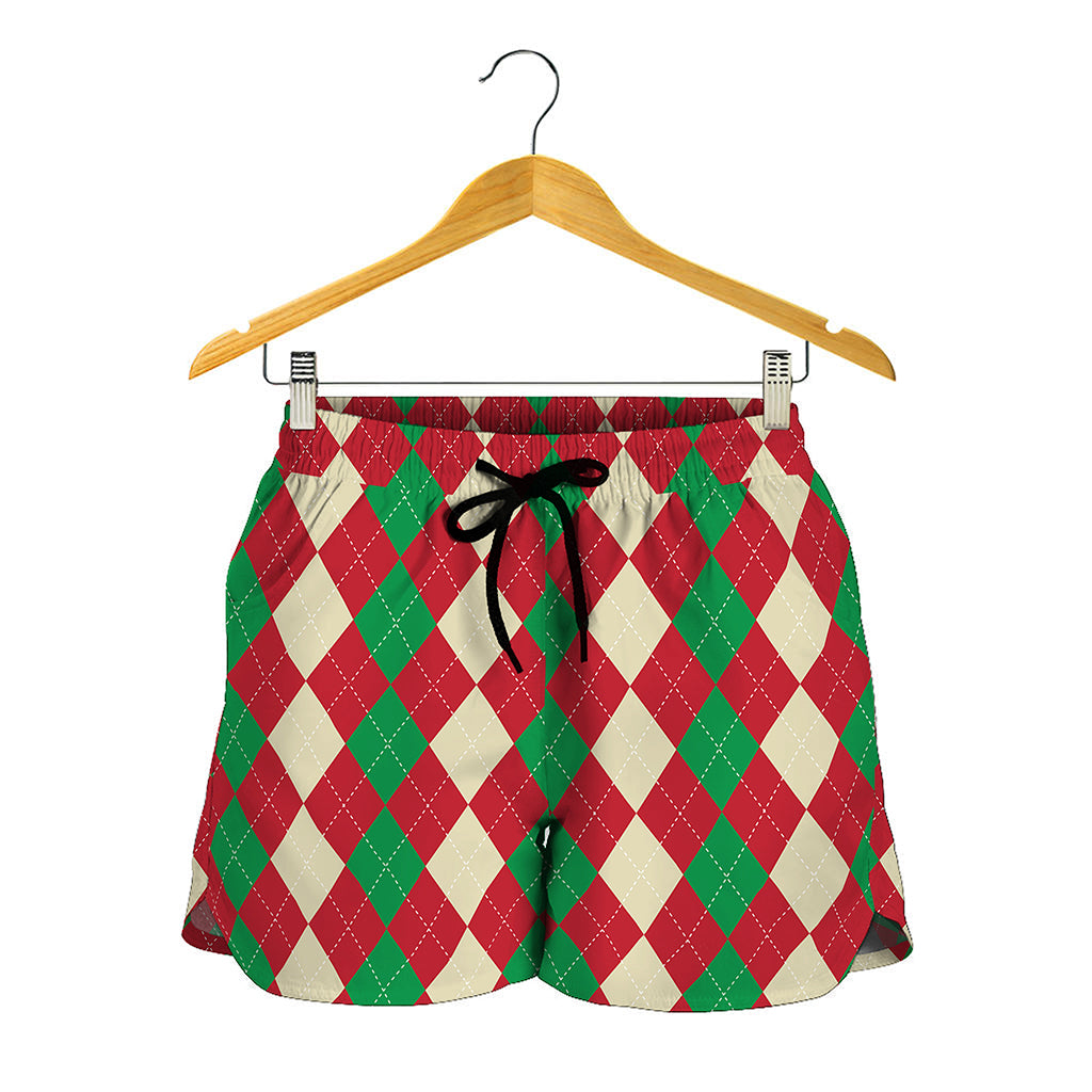 Christmas Themed Argyle Pattern Print Women's Shorts