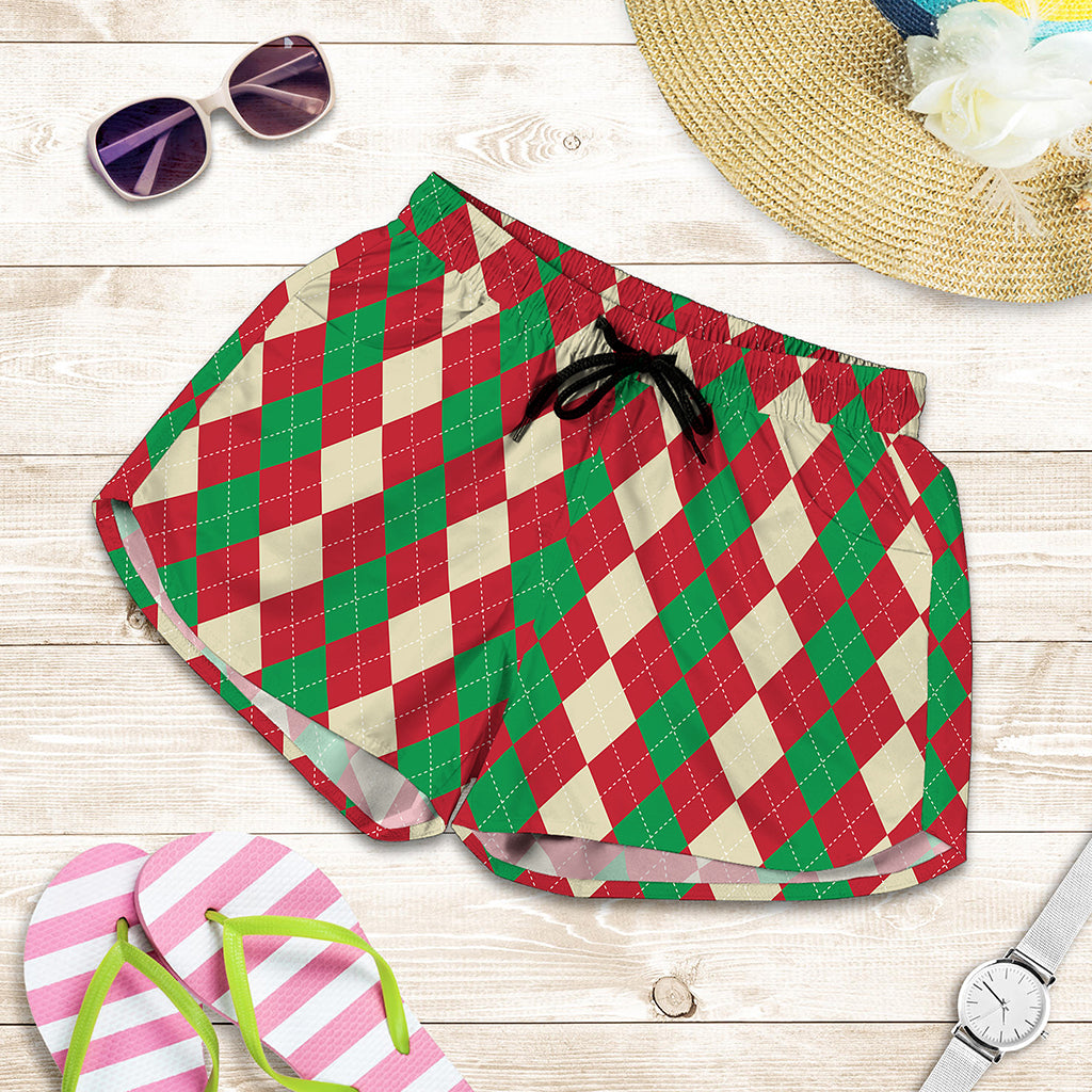 Christmas Themed Argyle Pattern Print Women's Shorts