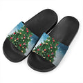 Christmas Tree And Snow Print Black Slide Sandals